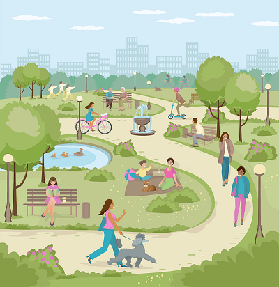 atividades físicas ao fundo ilustração pessoas no parque