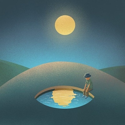 serenidade ilustração homem com a cabeça baixa sentado na beira de um lago ao luar